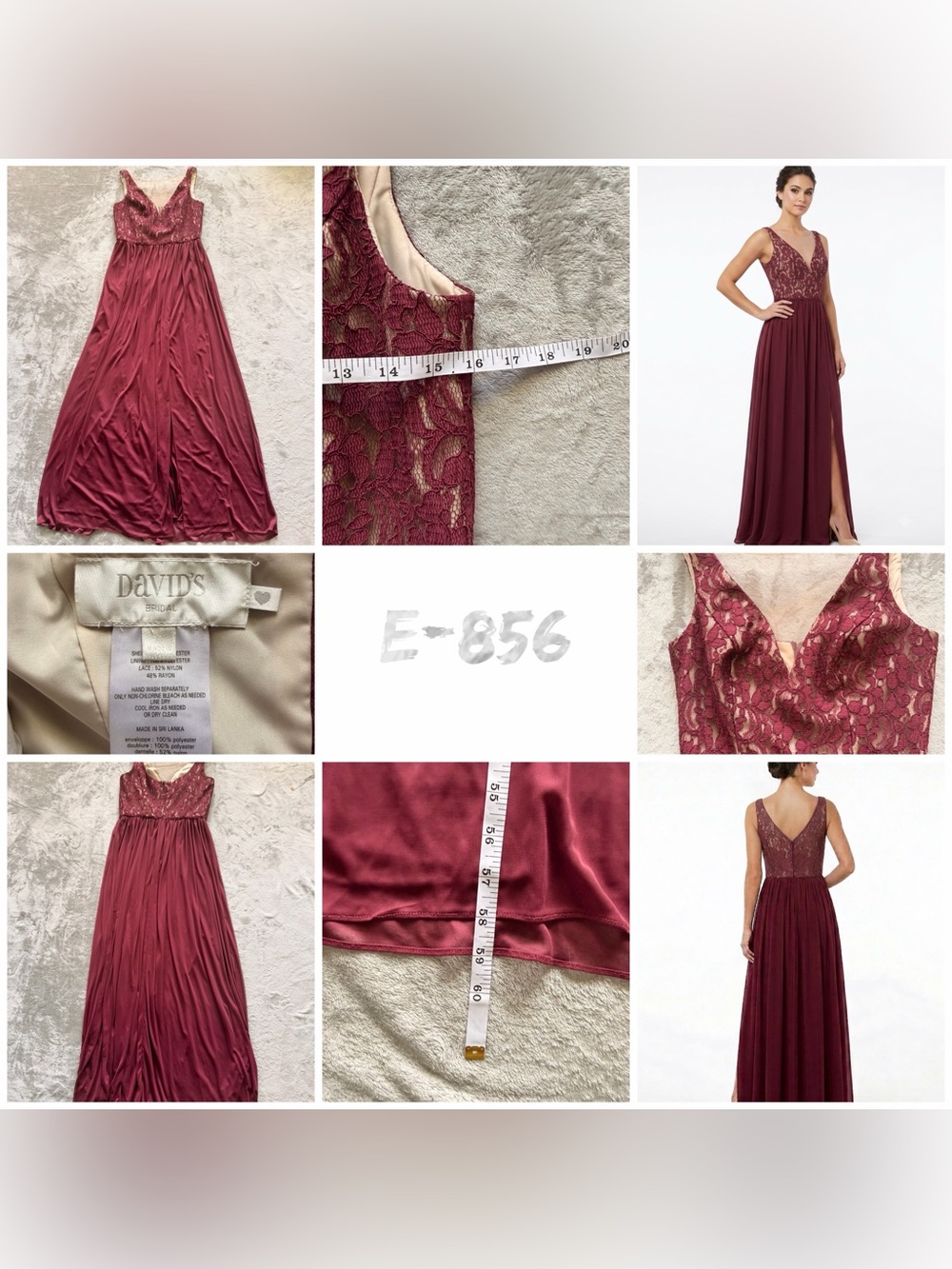 David's Bridal, Lace Bodice Chiffon Maxi Dress in Burgundy - M - Picture 9 of 9